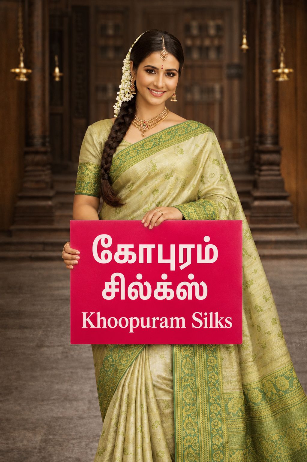 A draped silk saree with a gold zari border